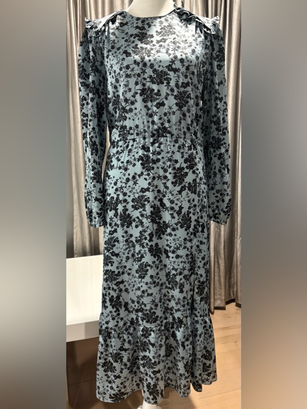 Zara Light Blue Long Sleeve Floral Midi Dress